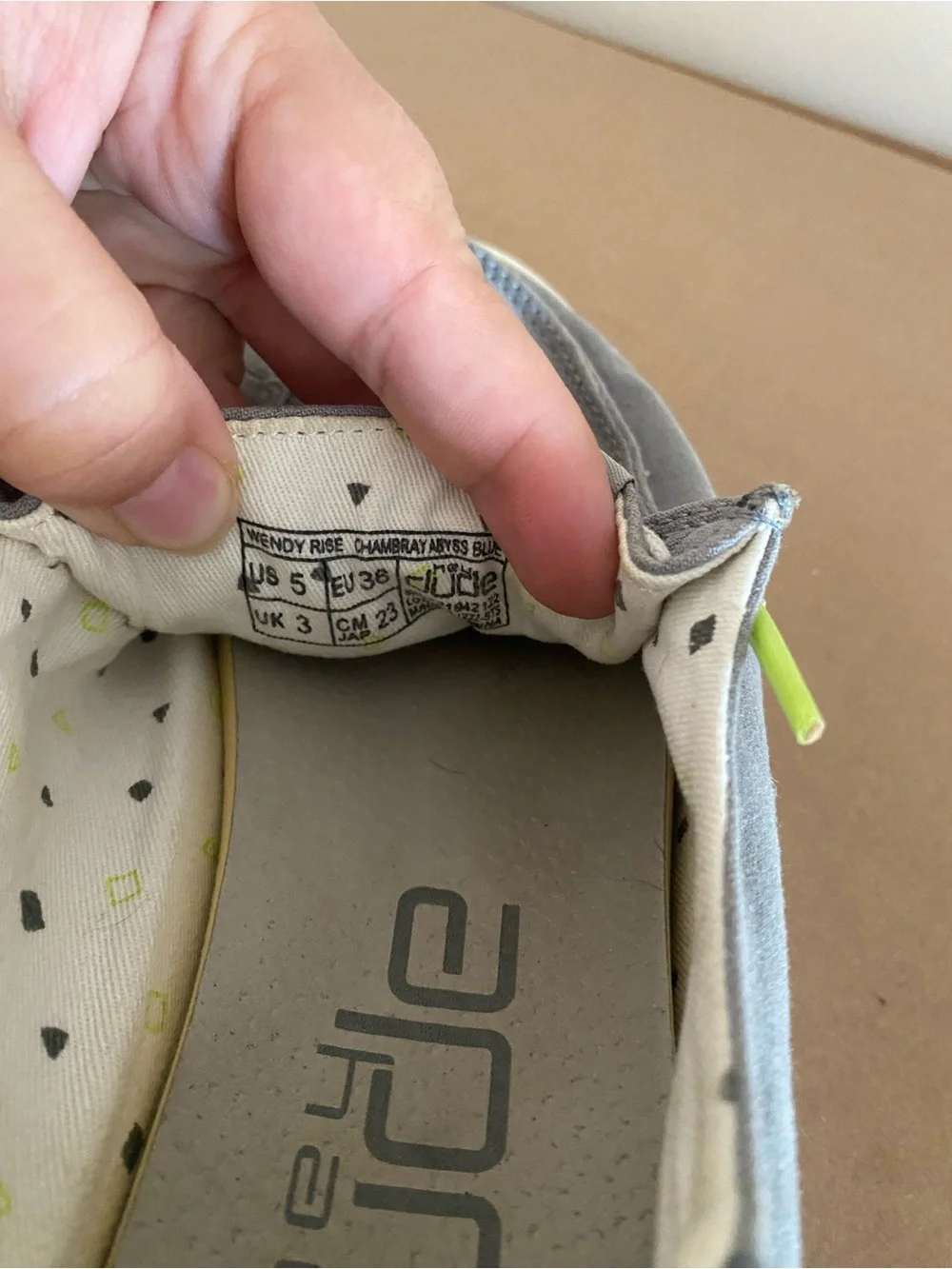 Hey Dude Wendy Rise size 5, chambray abyss blue platform shoes grey, lime green